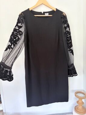 CHICO'S Black Sheath Dress Velvet Floral Sequin Mesh Long Sleeve US 6 Cocktail